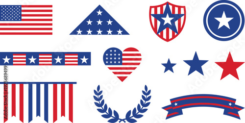 Minimalist patriotic geometric symbols with flat flag star shield circular frame in royal blue bright red white for clean Memorial Day branding design