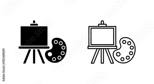 Artist's palette with paint blobs and an easel, symbolizing creativity and art.