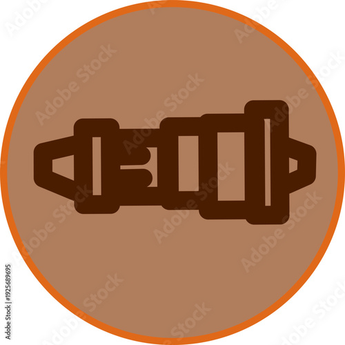Brown circular icon featuring safety belt buckle in flat style, symbolizing protection, security, travel safety, and vehicle restraint system.