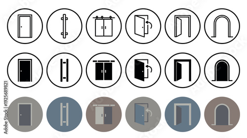 Set of various door icons showing different types of entrances like sliding, swinging, and arched doorways, presented in line, glyph, and flat color vector styles
