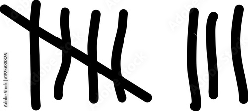 Hand drawn tally marks counting symbol in black ink. Minimal sketch style stroke lines isolated on white background, concept of score record.