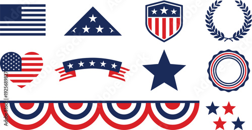 Modern Memorial Day patriotic icons with flag shield laurel wreath heart in navy blue bright red white for vibrant celebration branding design