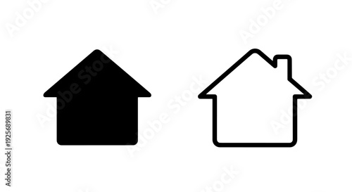 Simple house icons in black and white silhouette and outline, representing home and real estate concepts