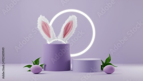 Purple Easter bunny ears on cylinder with eggs and leaves