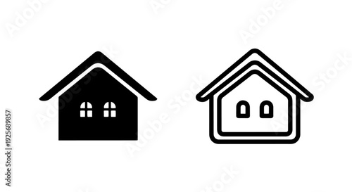Stylized house icons with windows, in solid black and outline, for home and architectural concepts