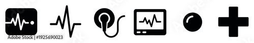 Set of six black medical and healthcare icons featuring a cardiogram monitor, heartbeat line, ultrasound probe, pill, and plus sign in a simple graphic style