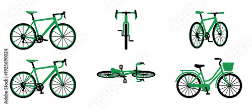 Collection of green and black bicycle illustrations featuring road and city bike models shown from multiple angles in a clean, flat vector style