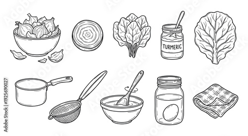 Hand-drawn black and white illustration set of ingredients and tools for natural Easter egg dyeing, including onion skins, turmeric, spinach, and kitchen utensils in a doodle sketch style