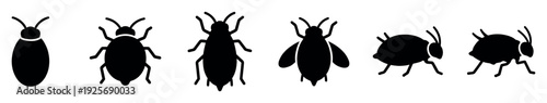 Set of six black insect silhouettes showing various bugs like cockroaches, beetles, and bees in a simple graphic icon style for pest control or entomology concepts