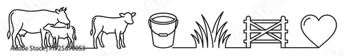 Continuous one line drawing of dairy farming icons including a cow and calf, milk pail, grass, wooden fence, and a heart symbol in a minimalist black and white style