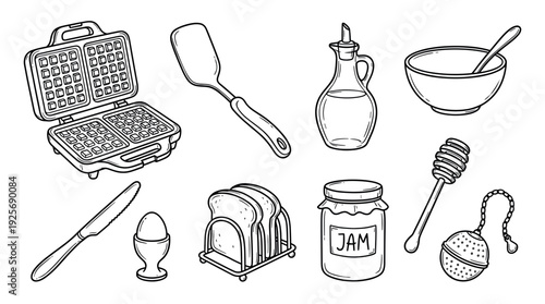 Hand-drawn collection of breakfast food and kitchenware including a waffle maker, toast, jam, and an egg, illustrated in a simple black and white doodle line art style