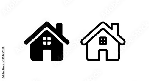Black and white icons of two houses, one solid and one outlined, showing a chimney and window. Vector art for real estate.