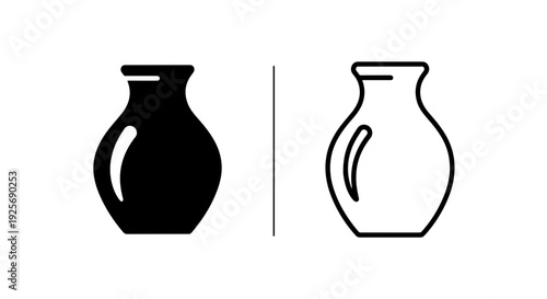 Set of two minimalist vector icons of ceramic vases, one solid and one outlined. Clean art for decor and design.