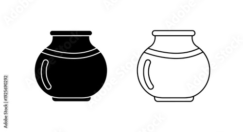 Minimalist vector icons of a rounded pot with handles, in solid black and outline. Simple art for cooking, storage, or decor.
