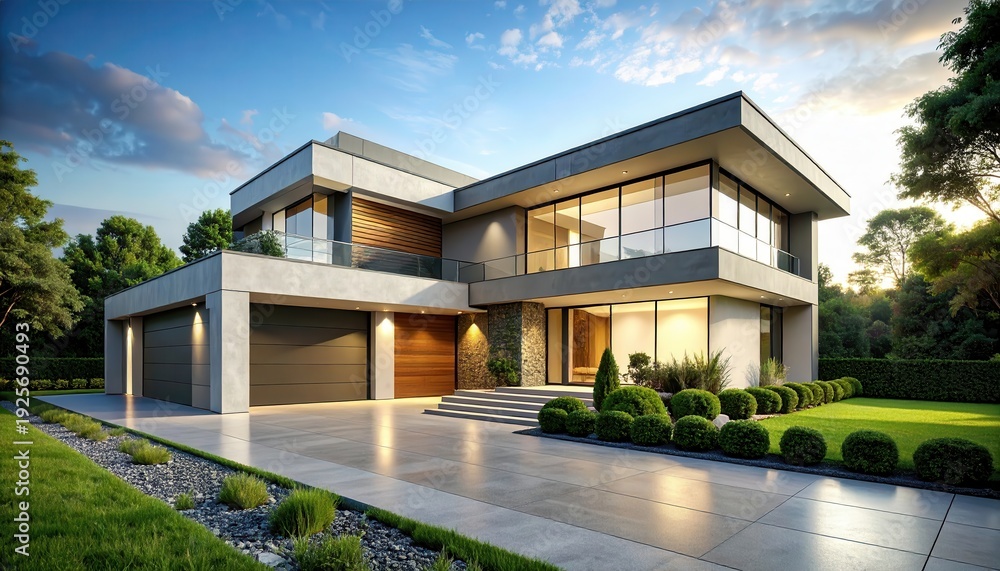 Fototapeta premium Large modern house with glass windows and triple garage at sunset in a landscaped garden