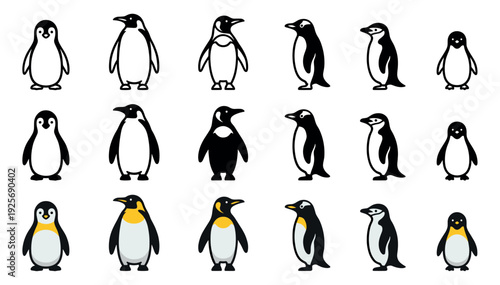 Collection of penguin icons in various styles including outline, silhouette, and full color, showing different poses of the flightless bird in a flat, minimalist vector illustration set