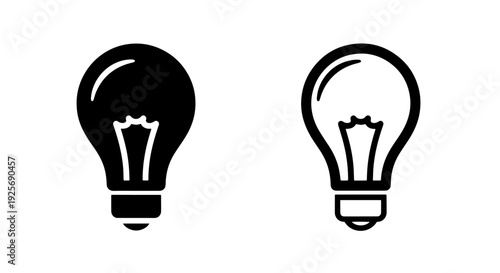 Set of two contrasting light bulb icons, black solid and outline for ideas, creativity, and inspiration