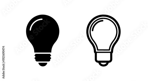 Contrasting icons of a classic incandescent light bulb, one solid black, the other an outline