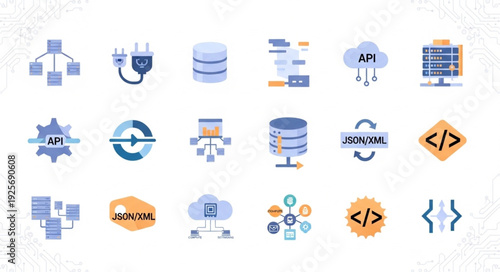 Collection of technology icons representing data and programming.