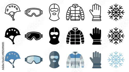 Winter sports equipment icon set with a helmet, goggles, balaclava, jacket, and glove, shown in three distinct styles including line art, solid glyph, and flat color design