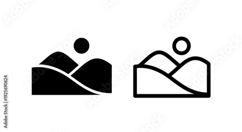 Landscape icons with rolling hills and a sun, solid and outlined, for nature or travel.