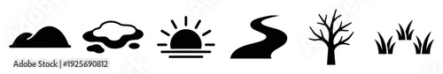 Set of black nature landscape icons featuring a mountain, cloud, sun, road, tree, and grass in a minimalist graphic style for web design elements and pictograms