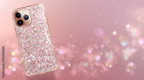 A sparkling rose gold phone case with glitter on a soft pink background. The case features a shiny, reflective surface with colorful bokeh effects.