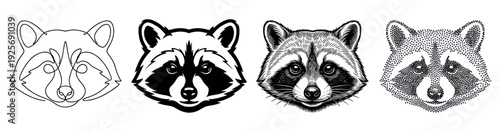 Set of four raccoon head portraits in various black and white graphic styles including minimalist line art, bold stencil, detailed engraving, and dotwork stippling