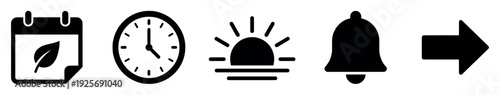 Set of five black minimalist icons for daily planning, including an eco calendar, an analog clock, a sunrise, a notification bell, and a next arrow symbol for interface design