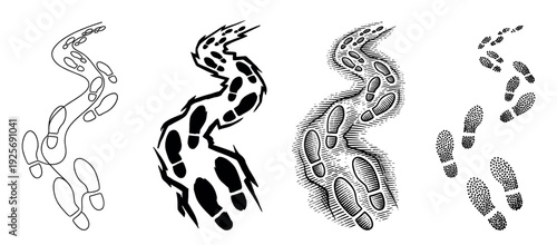Set of four black footprint trails showing different artistic styles including outline, silhouette, engraving, and stippling on a winding path representing a journey