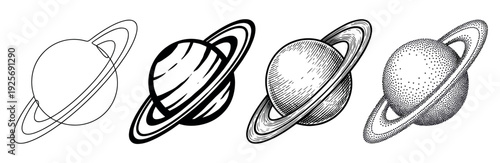 Collection of four hand-drawn planet illustrations with rings, showcasing different artistic techniques from simple outline and bold graphic to detailed engraving and stippling