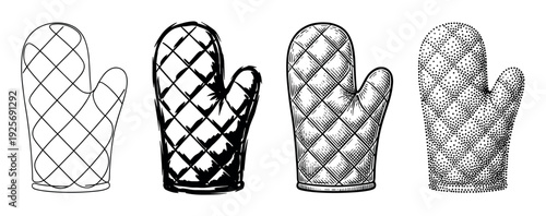 Four black and white oven mitts illustrated in different artistic styles, including line art, brush stroke, engraving, and stippling for a graphic design collection