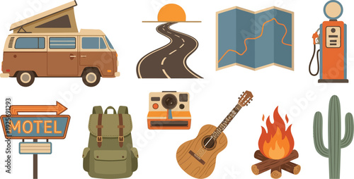 Road trip van life summer illustrations with camper van winding road map gas pump in earthy tones sunset orange dusty blue for adventure travel branding design