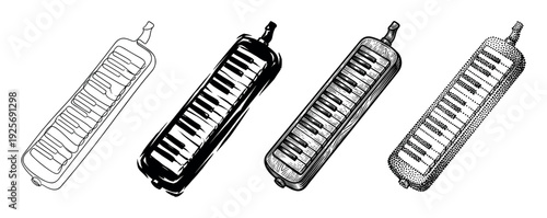 Set of four melodica instrument illustrations presented in various artistic styles, including line art, silhouette, detailed engraving, and stippling for a creative concept
