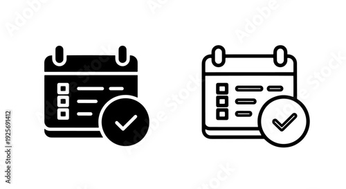 Black and White Calendar with Checkmark and Task List Icon, Indicating Completed Events or Verified Scheduled Tasks