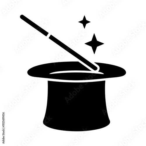Magic trick illustration: vector graphic of a magician's hat and wand with star effect design