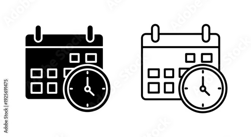 Black and White Calendar with Clock Icon, Signifying Schedule, Time, Appointments, or Event Timing Management