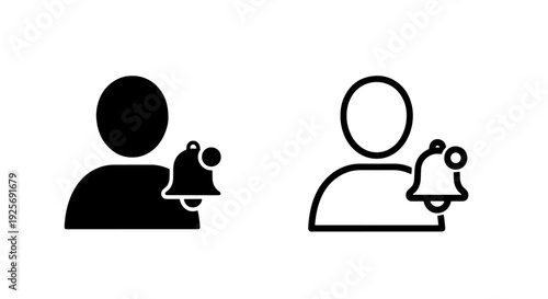 User Notification Bell Icon: Black Person Profile with Alert Symbol for Account Activity and Digital Reminders