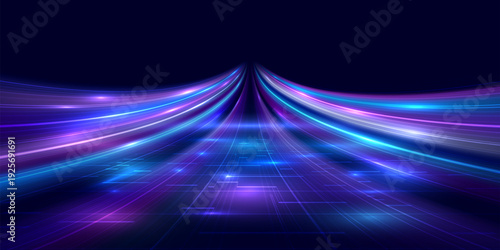 Futuristic digital background with high speed neon light trails over a glowing network grid. Concept of data flow, connectivity and technological innovation. Vector EPS10.