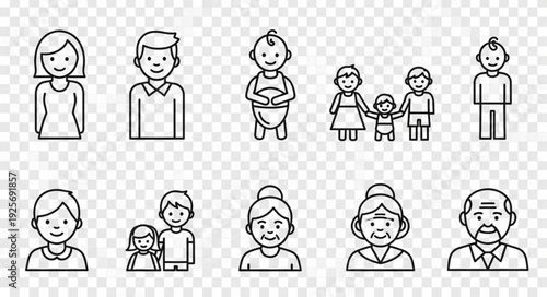 Collection of diverse people icons representing different ages and family structures.