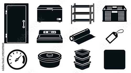 Set of black silhouette icons representing food storage equipment including a freezer, shelving, containers, and a vacuum sealer for commercial kitchen or pantry organization