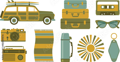 Nostalgic vintage summer travel symbols with retro station wagon suitcases cassette tape in mustard yellow olive green faded teal for classic vacation branding design