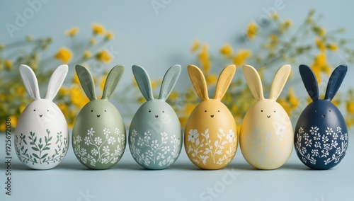 Six pastel easter bunnies with floral on eggs