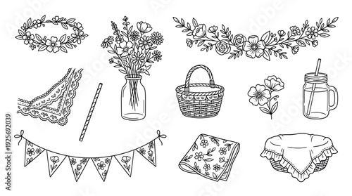 Hand-drawn set of black line art picnic illustrations including flowers, baskets, a vase, and a garland for a charming spring or summer theme in a simple doodle style