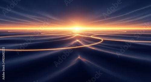 Digital Landscape with Glowing Orange Lines and Sunrise Horizon Light
