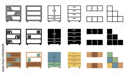 Large collection of minimalist furniture icons featuring a bookshelf, cabinet, and drawers in three distinct styles: outline, silhouette, and flat color vector illustration