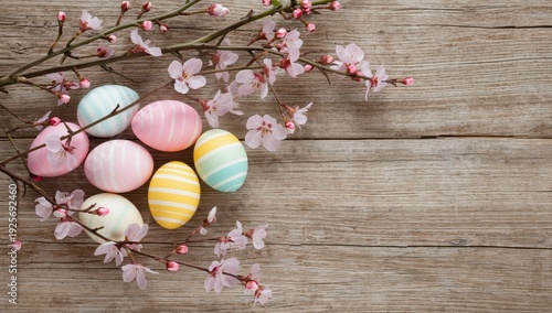 Pastel colored easter eggs with stripes on wooden table with cherry blossoms pastel colors