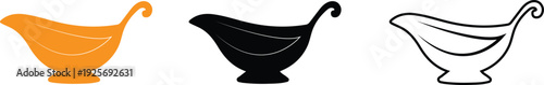 Gravy boat icon collection. Includes a full orange gravy boat, a black silhouette, and a black outline. Created in a flat and outline style with an orange and black palette.