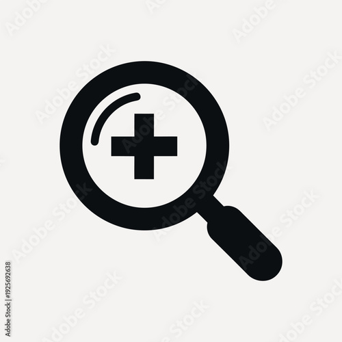 Black magnifying glass with a plus symbol inside on a light gray background zoom in plus sign