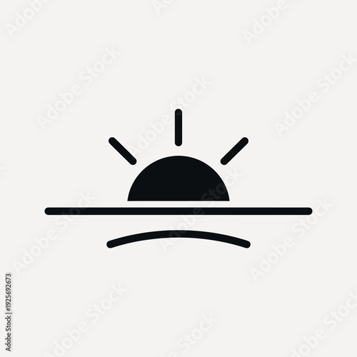 Black minimalist of a sun rising over a curved horizon line on a light grey background sunrise